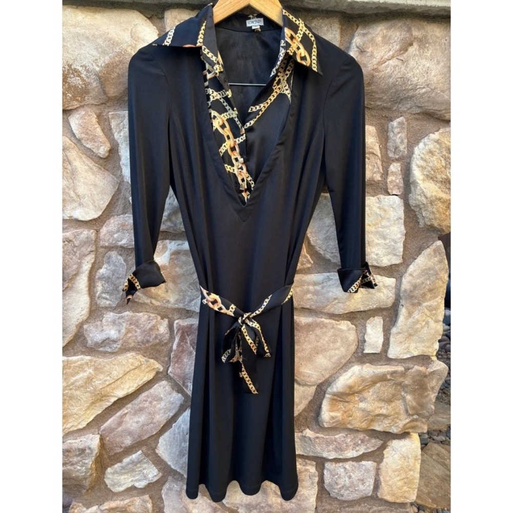 Vintage Cache Dress Black Chainlink Scarf Print Collared Dress Sz S Office 90s